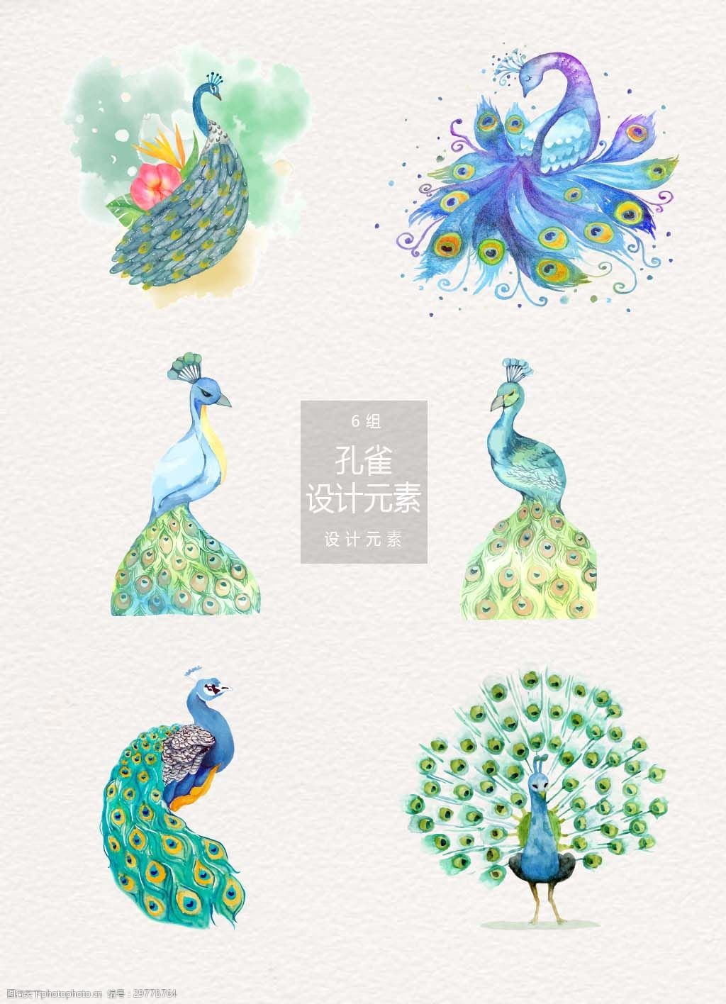 水彩手绘孔雀插画设计元素