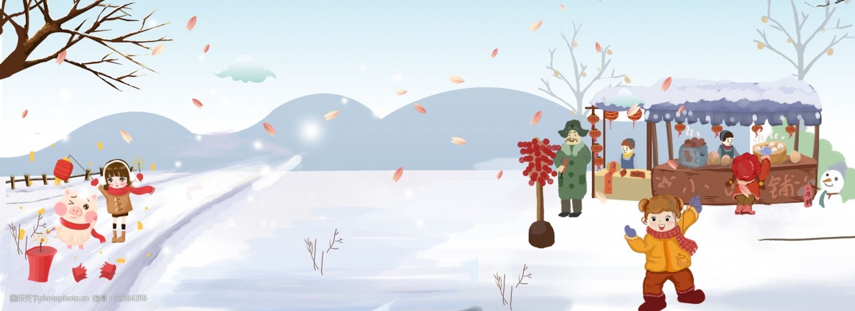 新年街道逛小吃的儿童插画背景