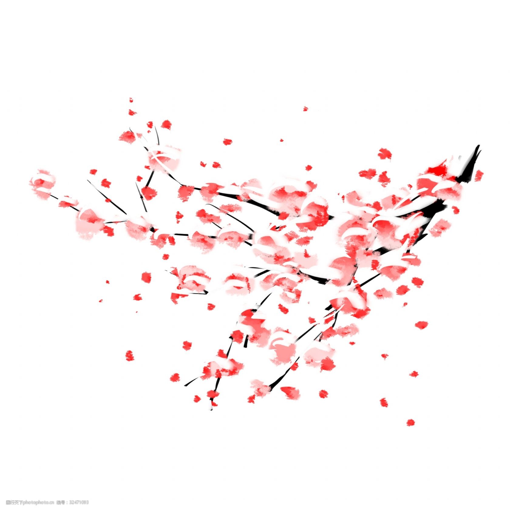 红梅树 梅花枝 大雪红梅 清新梅花 梅花雨 梅花花瓣 飘落的梅花 插画
