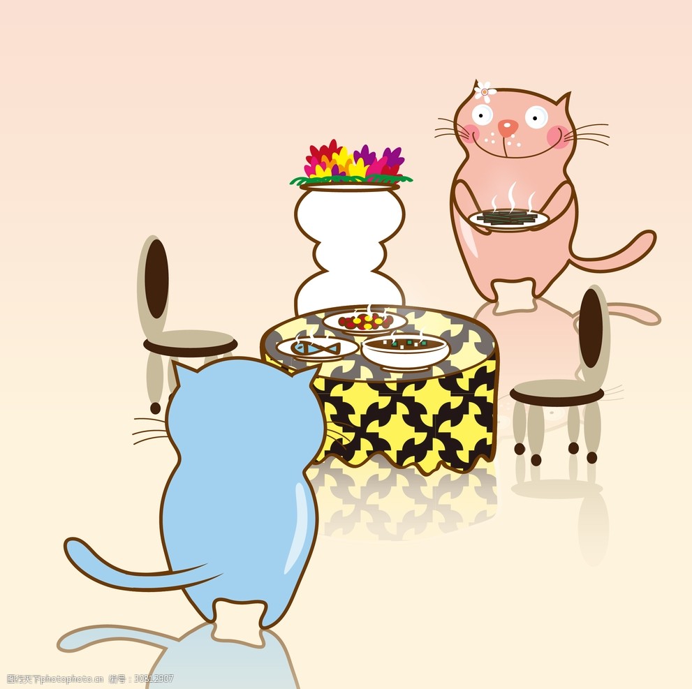 吃饭的猫咪卡通插图