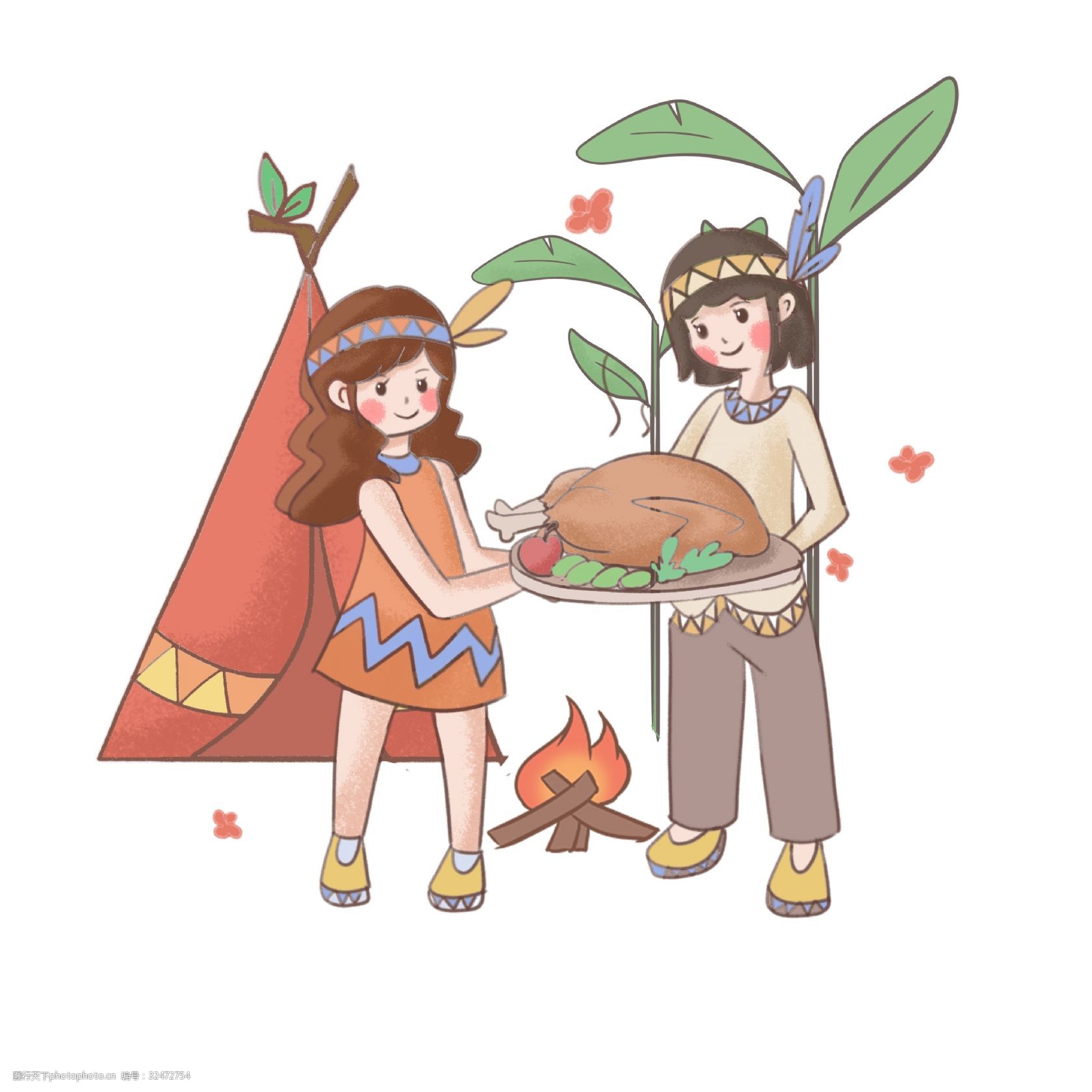 手绘感恩节卡通人物插画