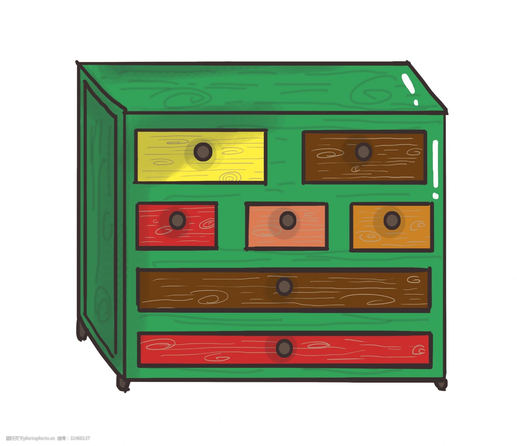 木桌子 木头 彩色的抽屉 家具 家装 柜子插画 手绘柜子 卡通柜子