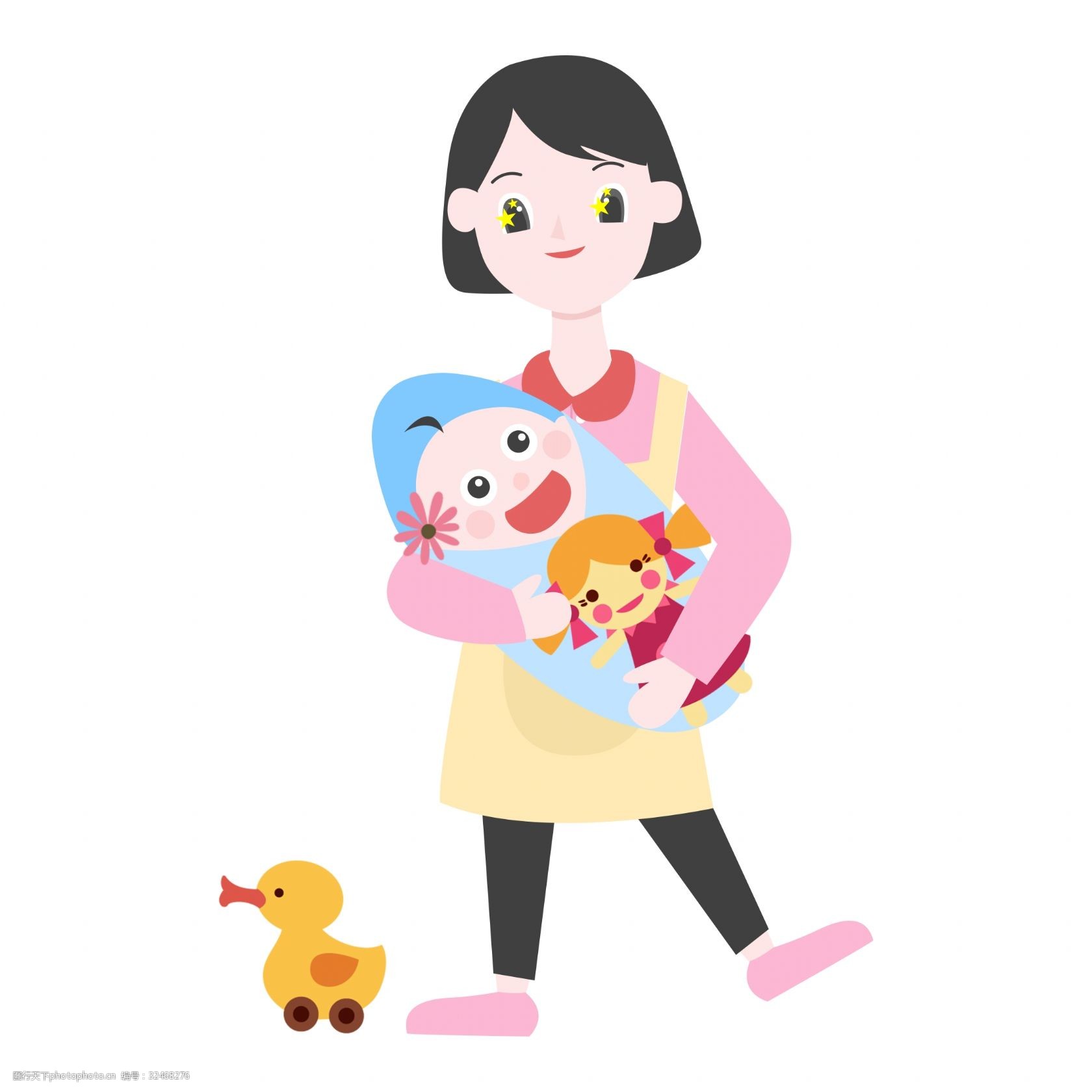 妈妈拿玩具哄孩子插画