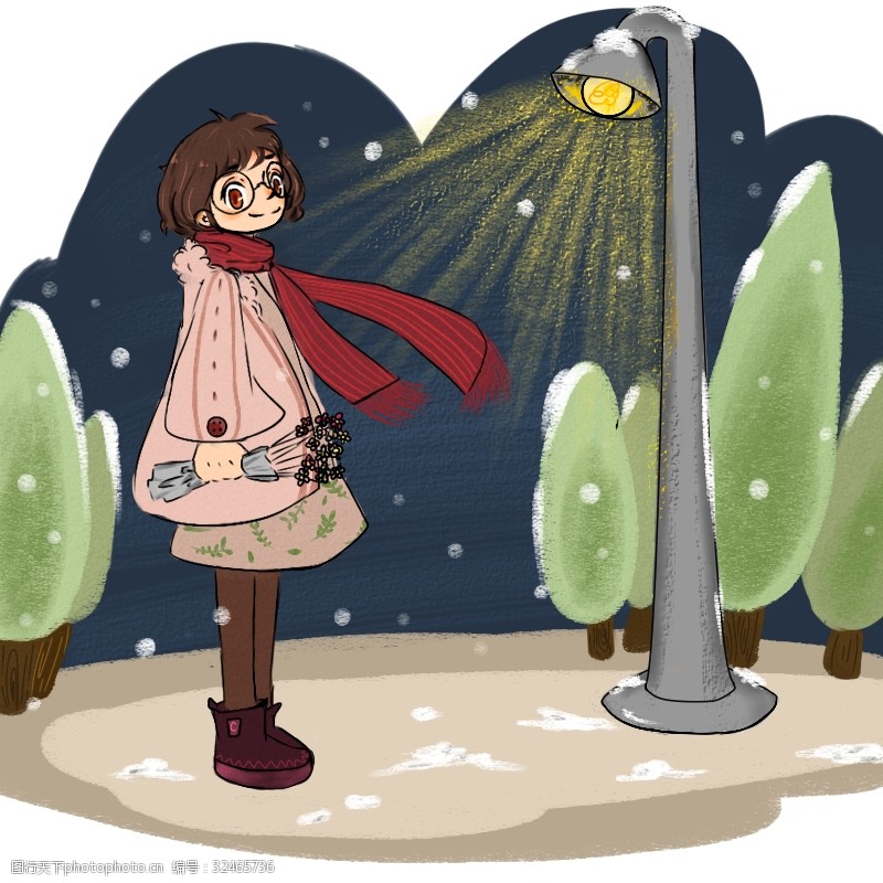 可爱 夜晚 冬天 冬季 路灯 可爱清新 手绘 儿童 蜡笔风 唯美 小女孩