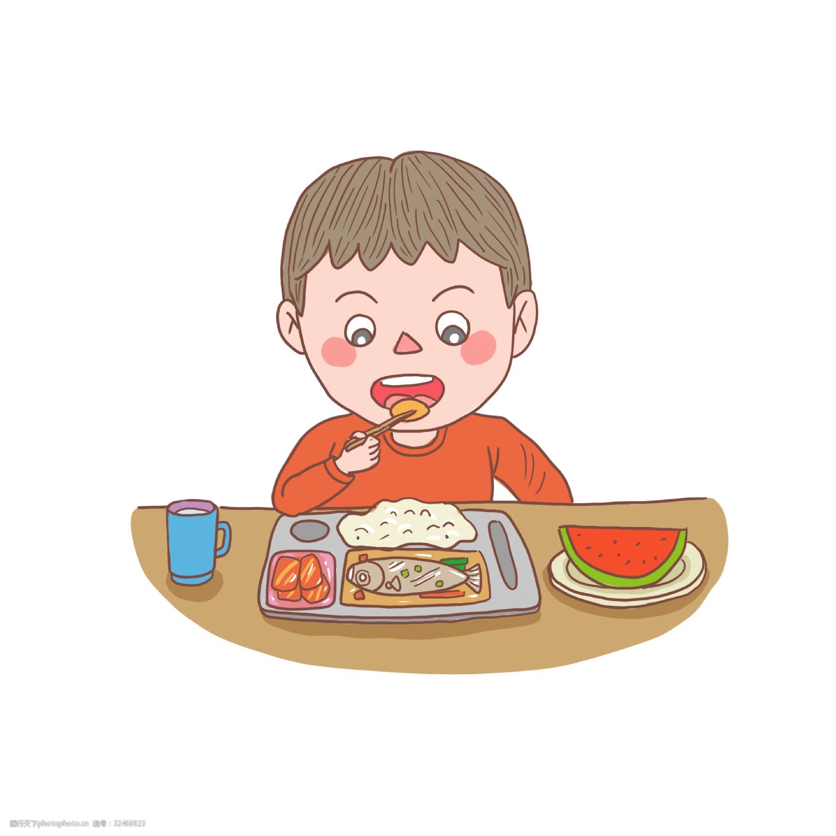 卡通手绘人物吃饭少年