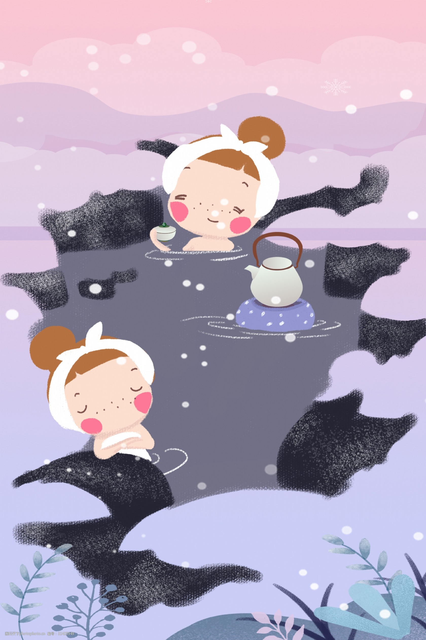 关键词:12月你好 泡温泉背景 插画 女孩 雪 12月 冬季 卡通 淡雅 精简