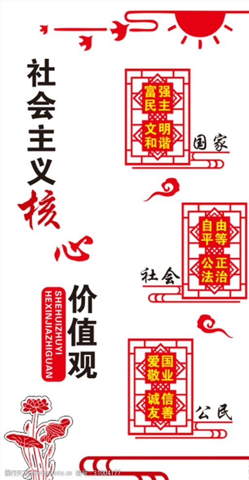 核心价值观 党建 展板 荷花 中式框 国家 社会 个人 设计 广告设计