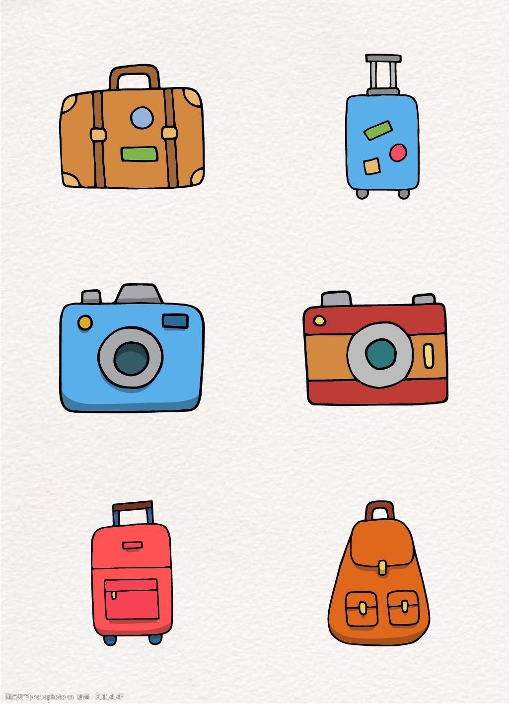 卡通 创意 矢量图 拉杆箱 相机 旅行元素 ai元素 行李箱 背包