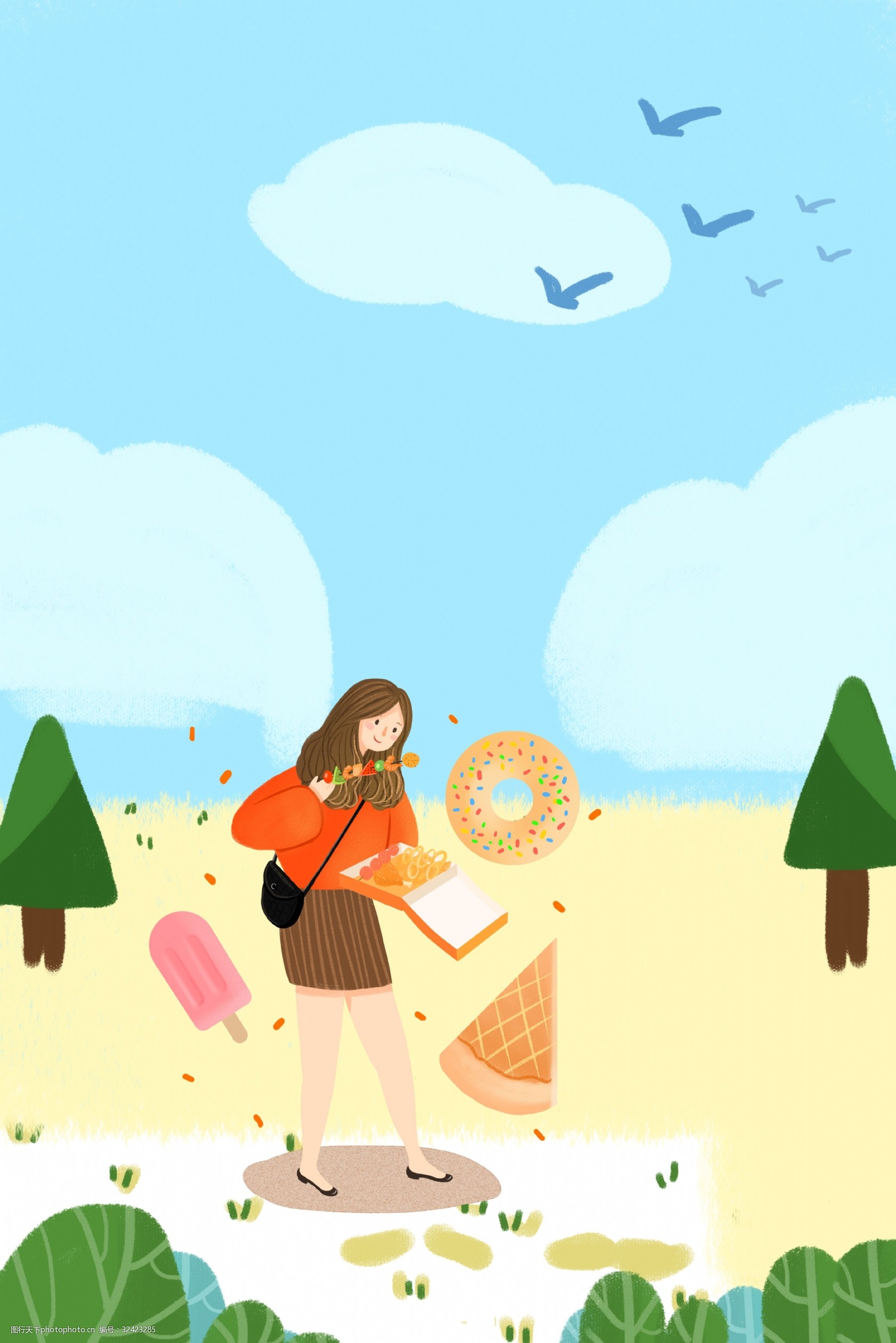 初春美食女孩出行卡通插画海报 初春 清新 女孩 服装 上新 出行 人物