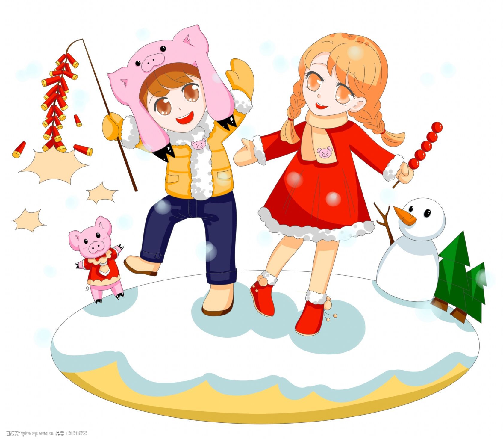 冬日雪景儿童玩耍欢乐场景png手绘素材