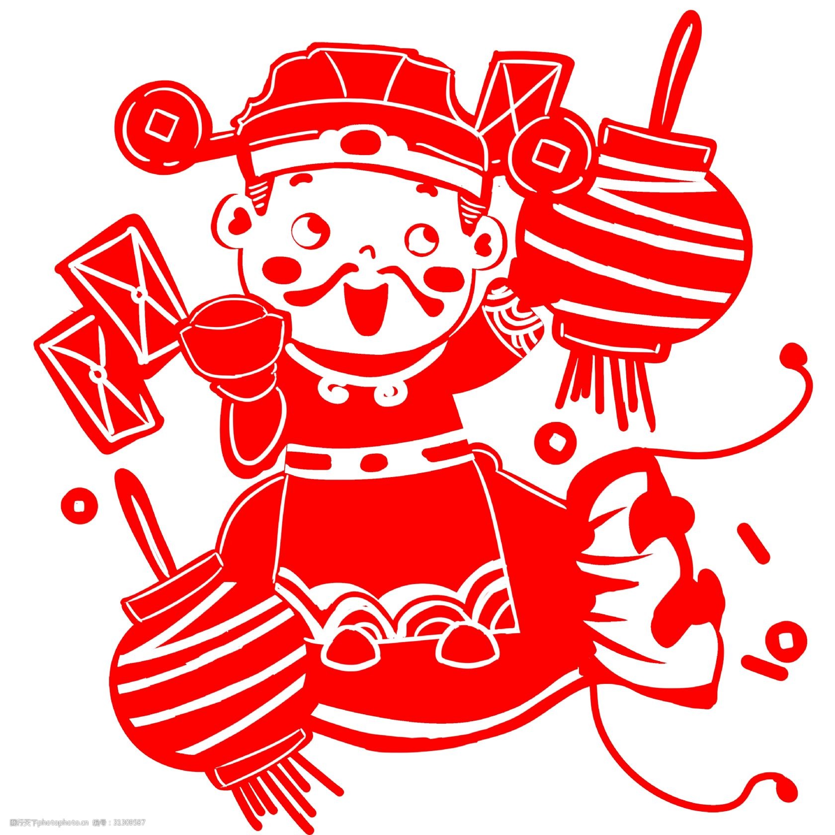 剪纸财神手绘卡通人物png素材
