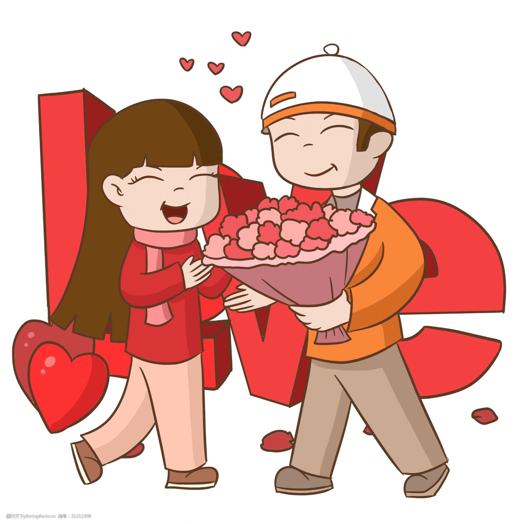 红色的花束 鲜花装饰 漂亮的小女孩 卡通人物 情人节人物手绘插画