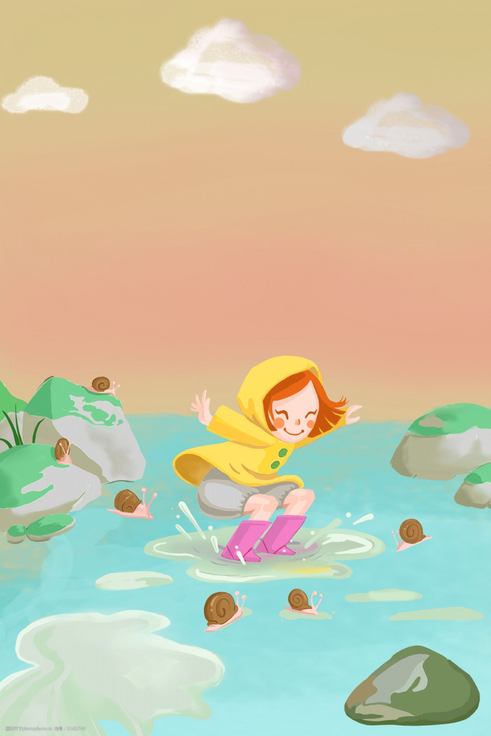 淘气女孩初春玩水插画海报