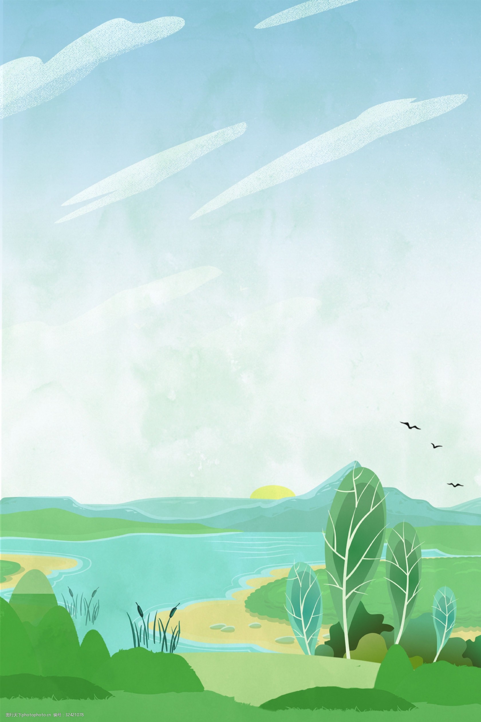 关键词:卡通绿色湿地公园背景海报 环境保护 矢量 卡通 简约 湿地