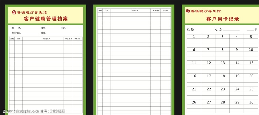 关键词:善瑞健康管理档案 善瑞健康档案 表格 绿色 客户用卡记录 善瑞