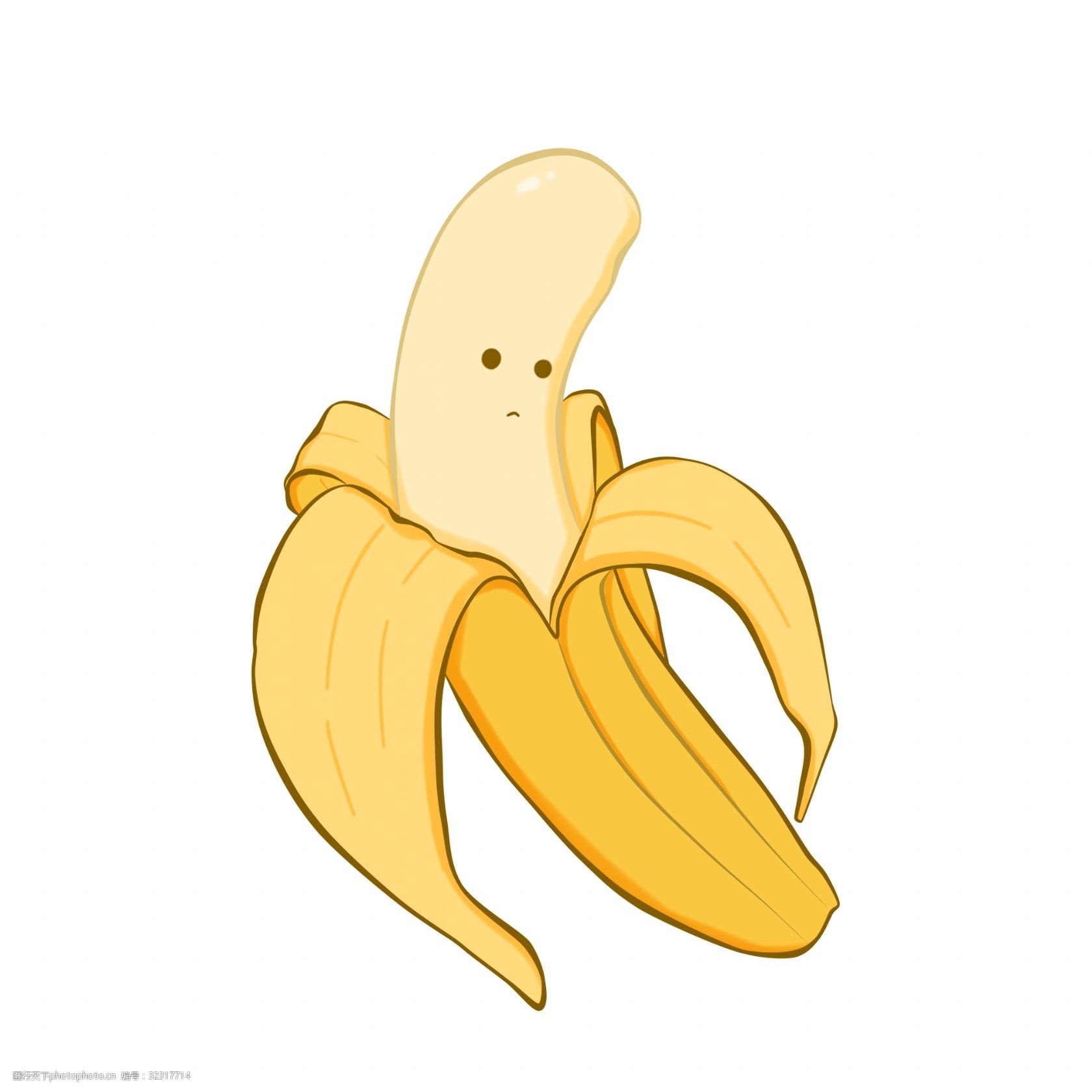 风格手绘水果香蕉 香蕉 黄色 白色 乳白 油画 两只 一只 成熟 剥皮