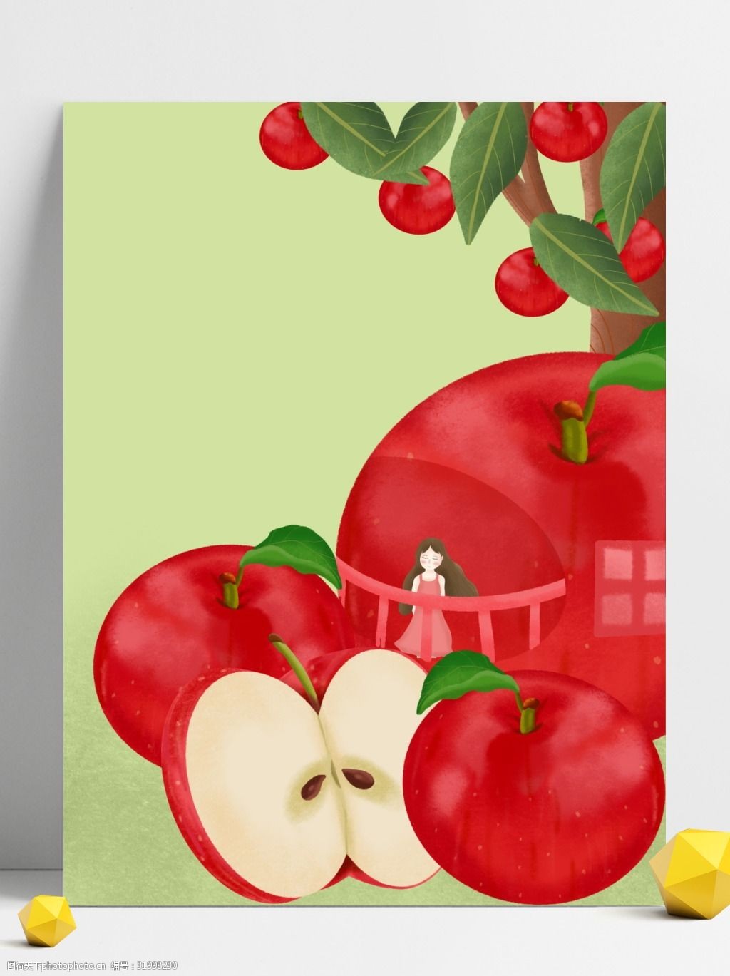 小清新新鲜苹果水果促销插画背景