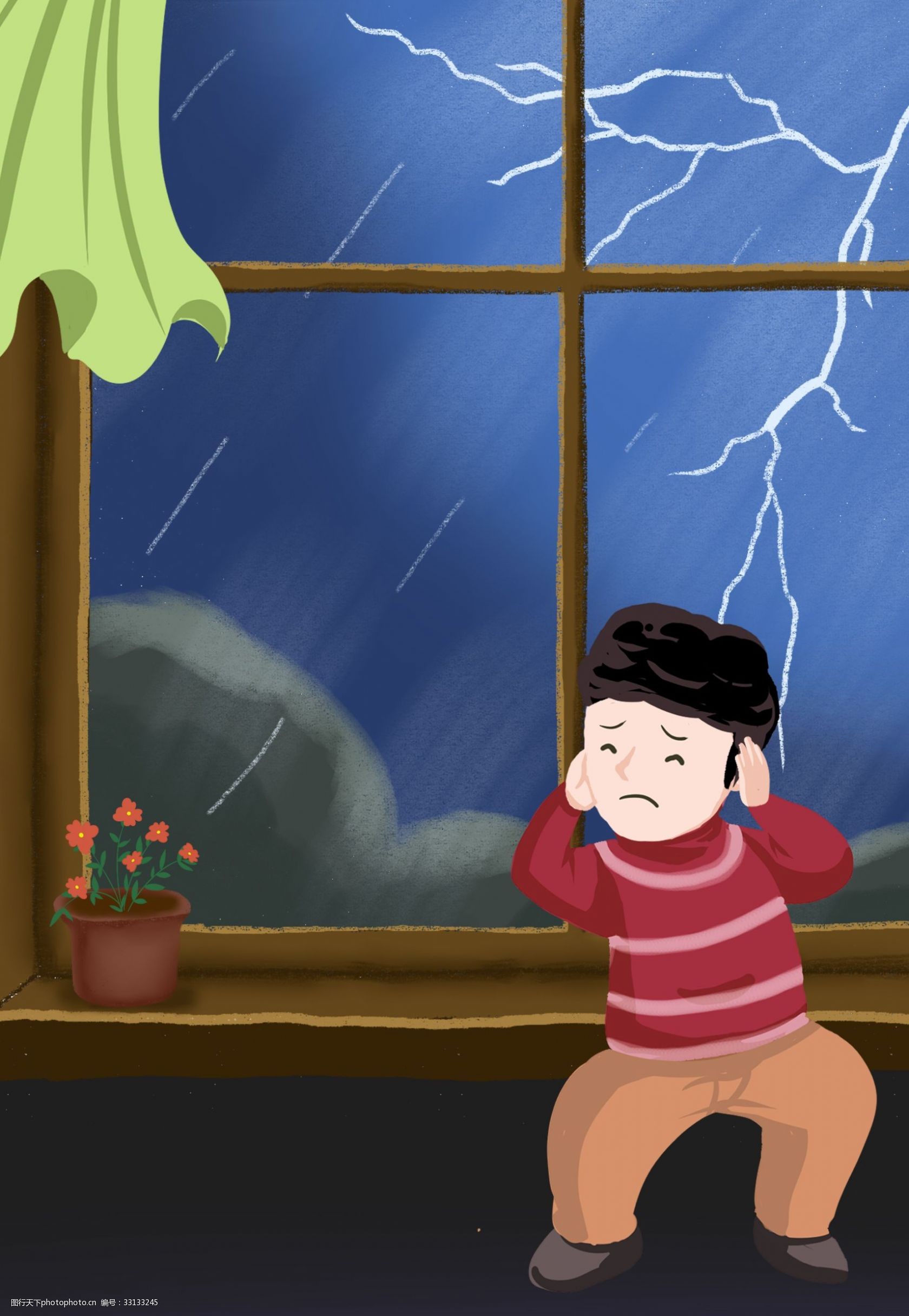 惊蛰 24节气 传统节气 春雷 卡通 小男孩 打雷 窗户