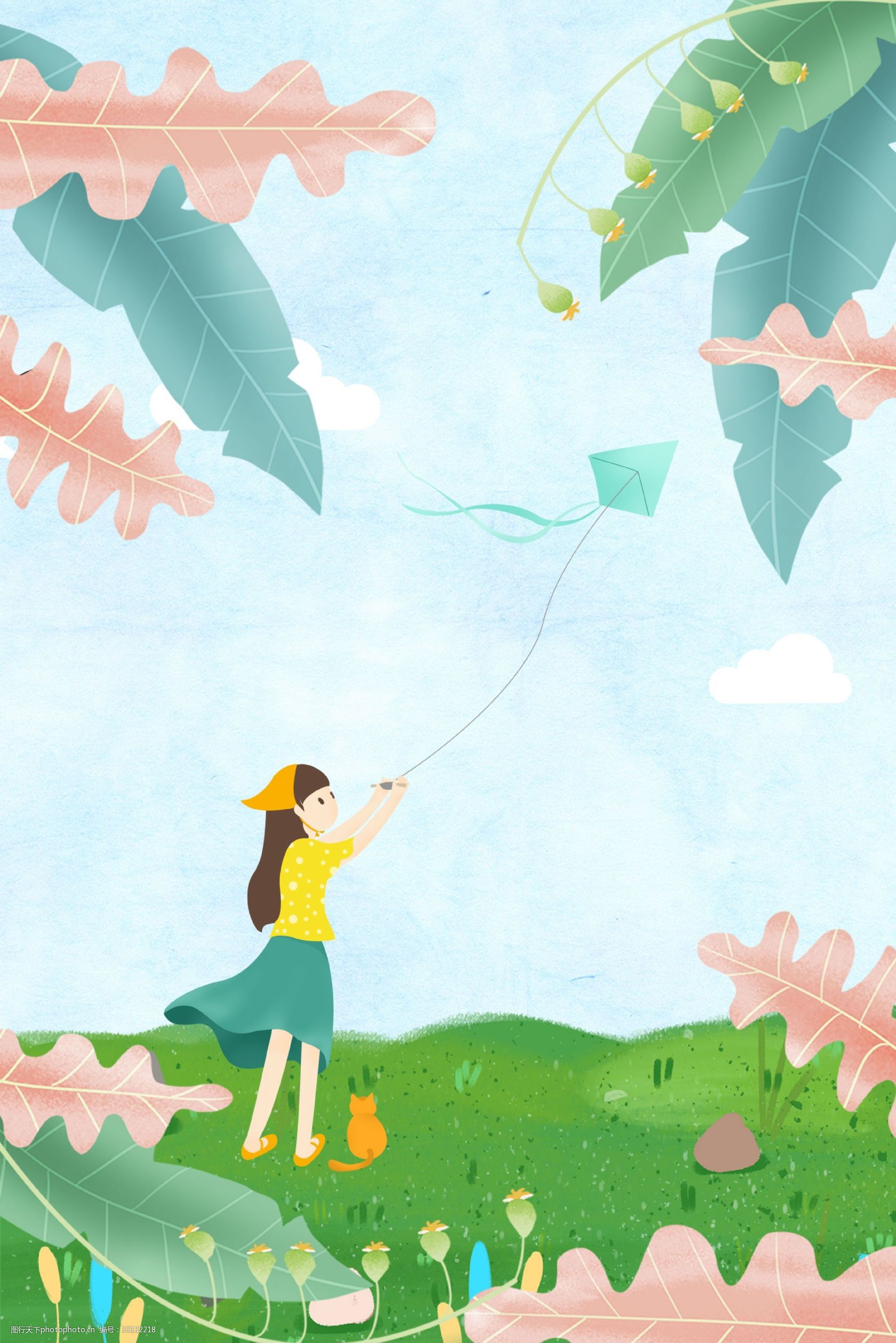 清新淡雅女孩放风筝春暖花开背景图