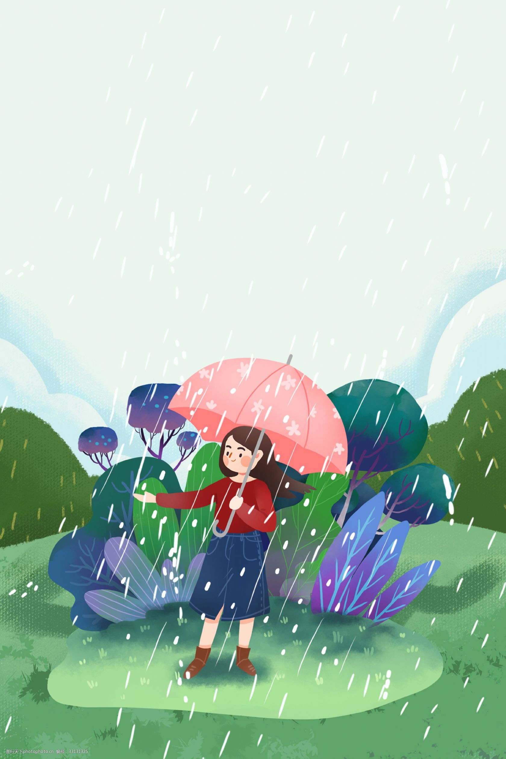 关键词:清明时节下雨背景 清明 清明节 节气 谷雨 雨水 卡通风 春景