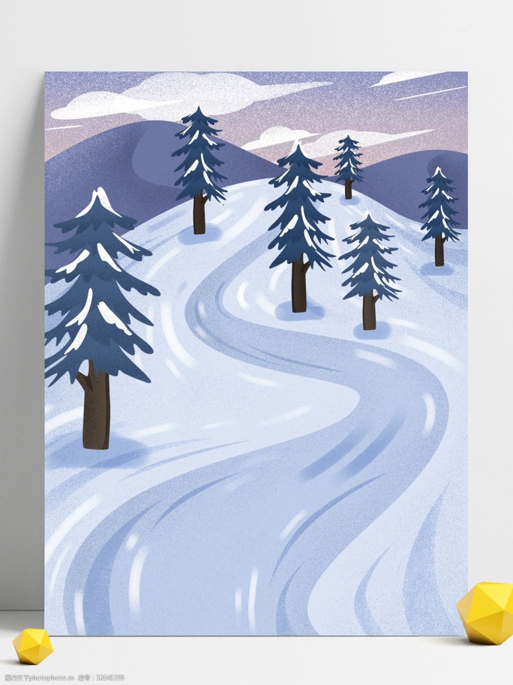 手绘冬季树林滑雪场背景图片-图行天下图库