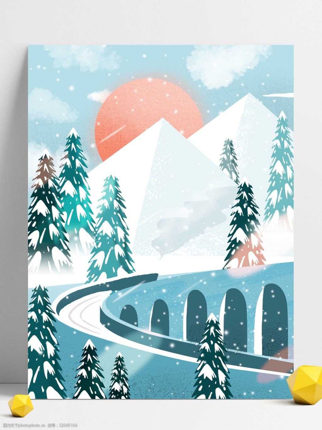 手绘冬季雪山树林背景设计