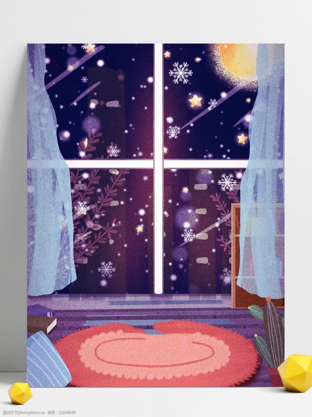 关键词:彩绘冬季窗外雪花背景设计 雪花 下雪 窗户 彩绘背景 手绘背景