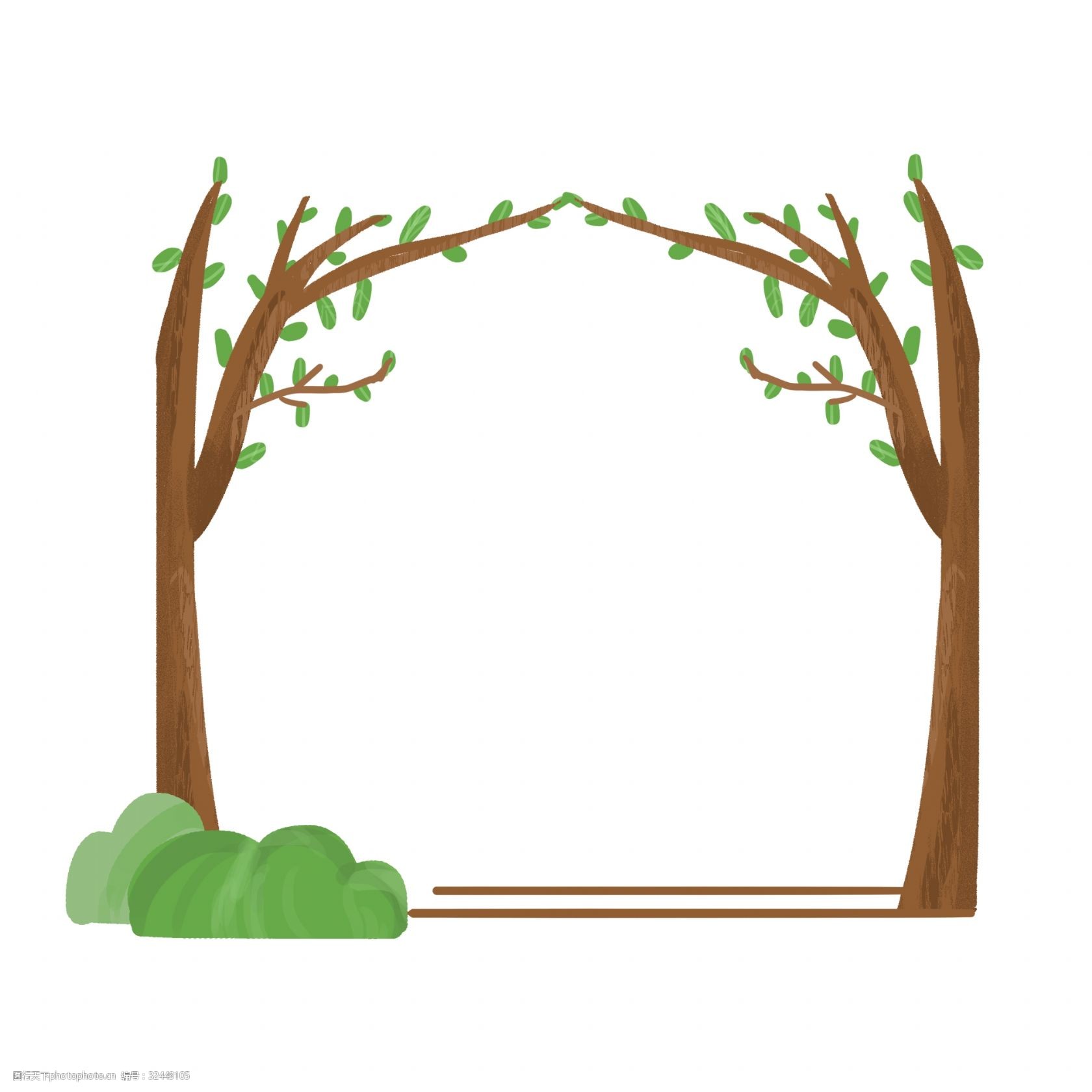 关键词:春季树木装饰边框 棕色的树干 绿色的叶子 绿色的石头 植物