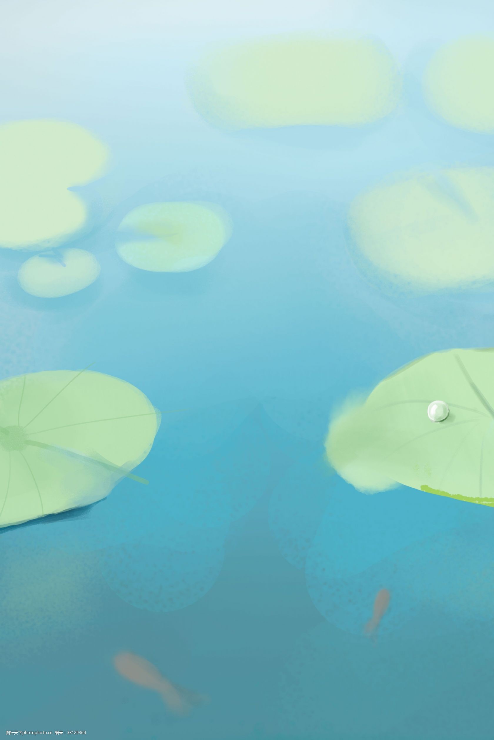 水彩清新夏季池塘背景 水彩 清新 夏季 池塘 荷叶 金鱼 蓝色 卡通