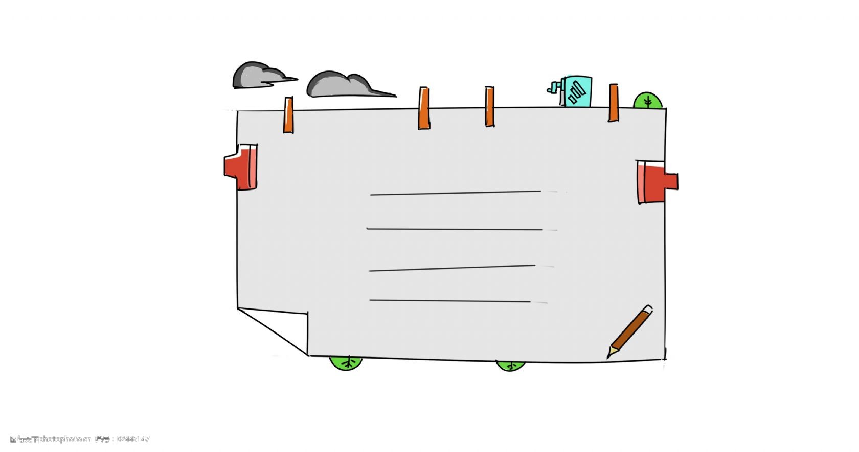 日常边框 白色纸张边框 红色夹子 铅笔装饰边框 可爱的边框 边框插画