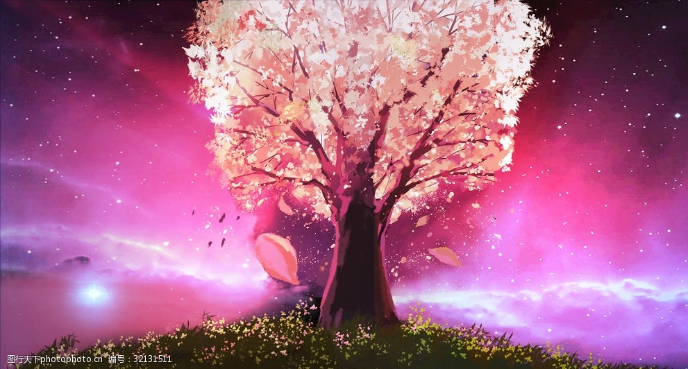 绚丽星空下的樱花树