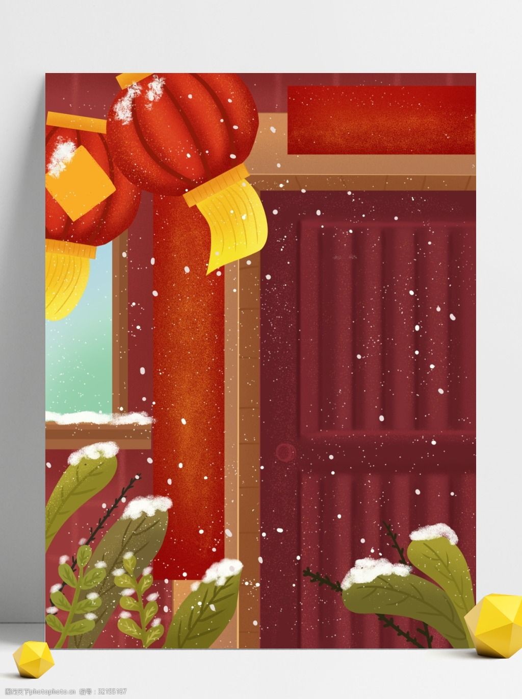 红色喜庆手绘新年门前插画背景