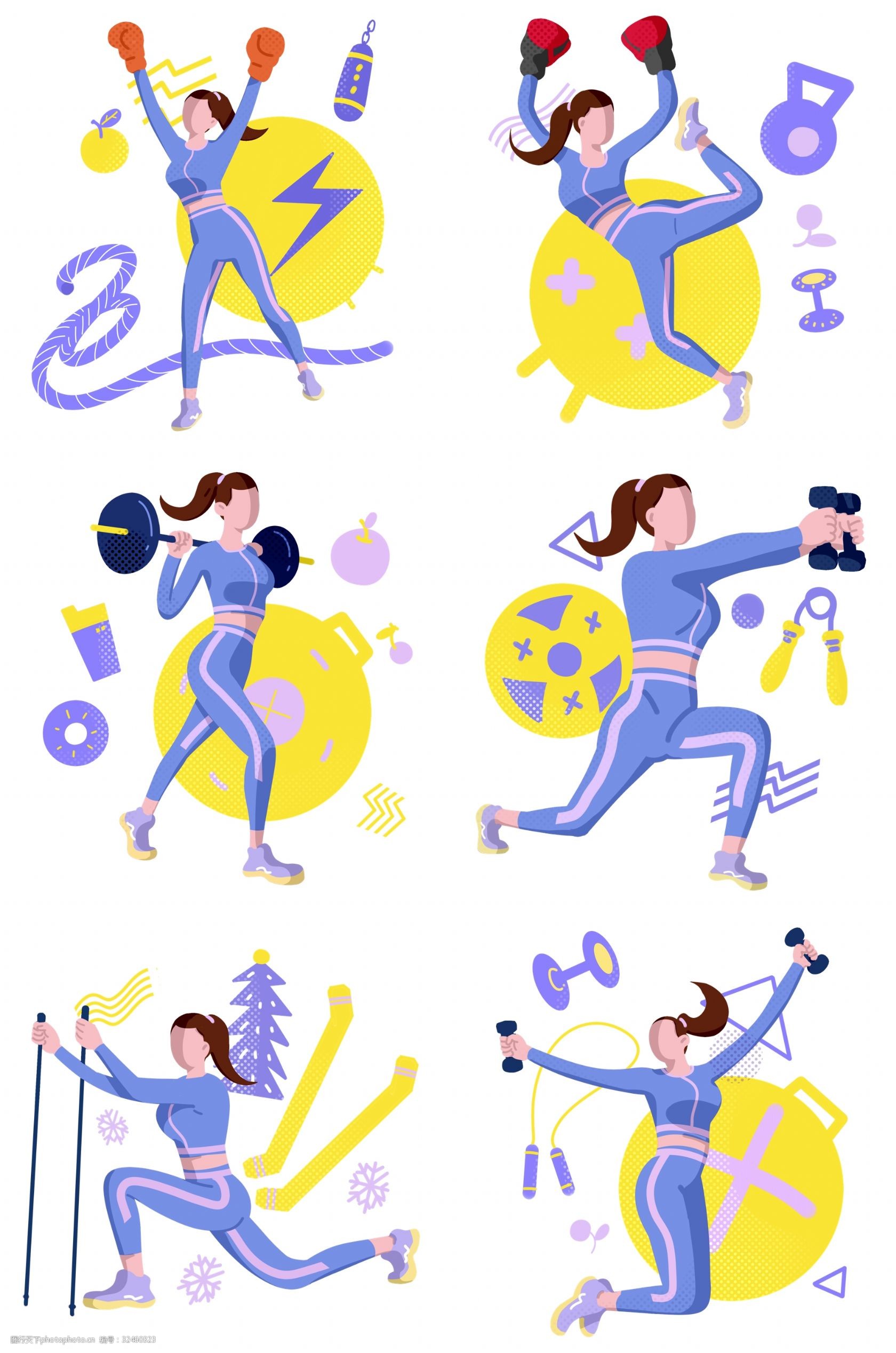 举重的女孩 卡通插画 健身插画 运动插画 运动器材 运动器械 减肥的