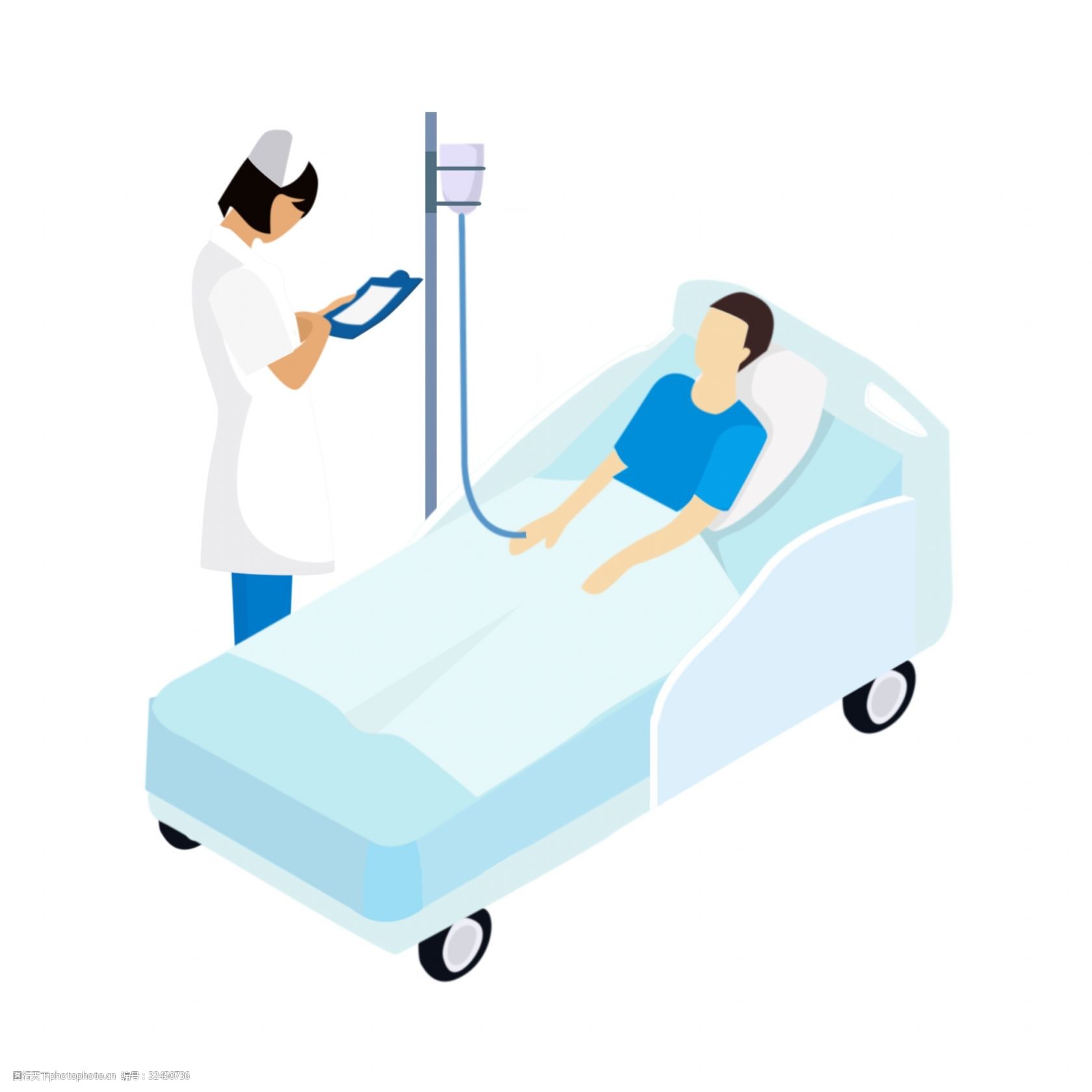 医疗插画 输液的病人 白色的液体 白色的护士帽 白色的病床 卡通人物