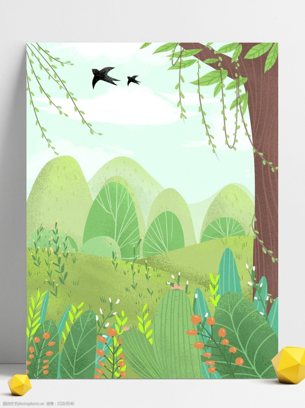 树叶背景 绿色背景 治愈系背景 插画背景 植物背景 柳叶 燕子