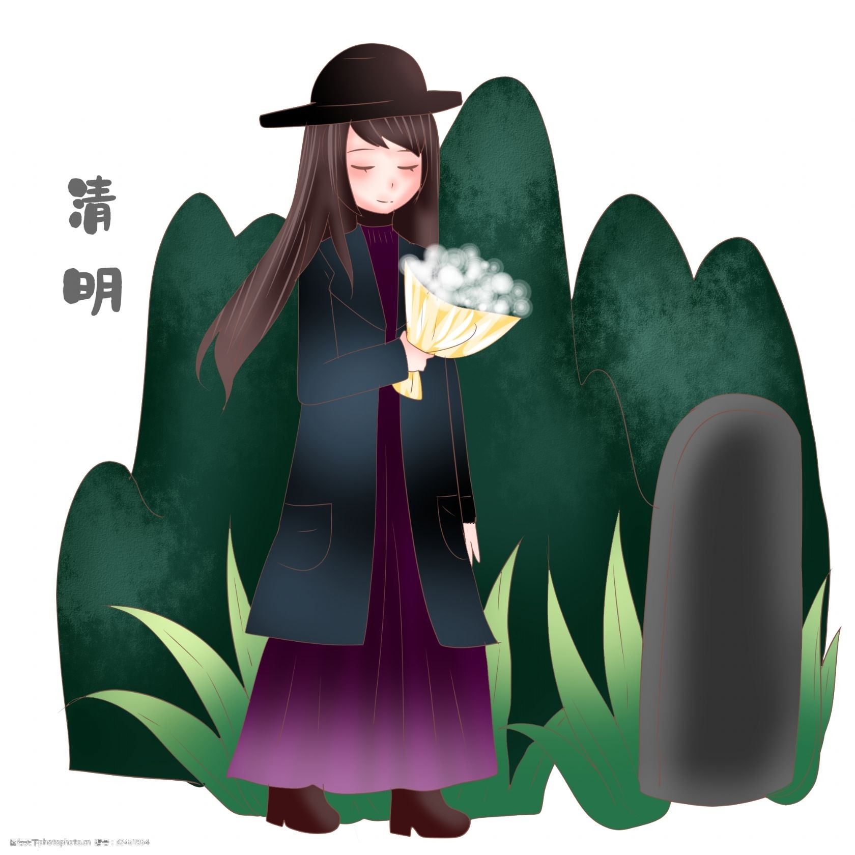 清明节花束女孩插画