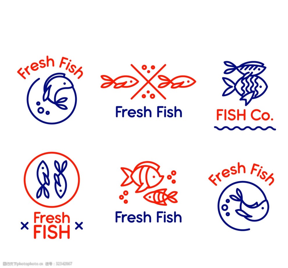 6款手绘新鲜鱼标志矢量 手绘 新鲜鱼 标志 大海 气泡 海产品 设计