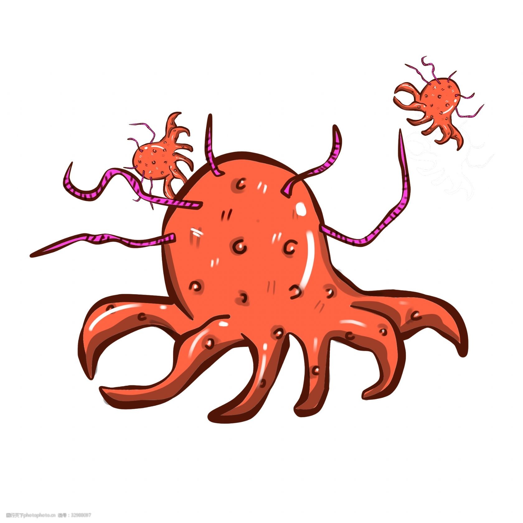 关键词:红色章鱼形状细菌 章鱼形状细菌 细菌插画 卡通细菌插画 红色
