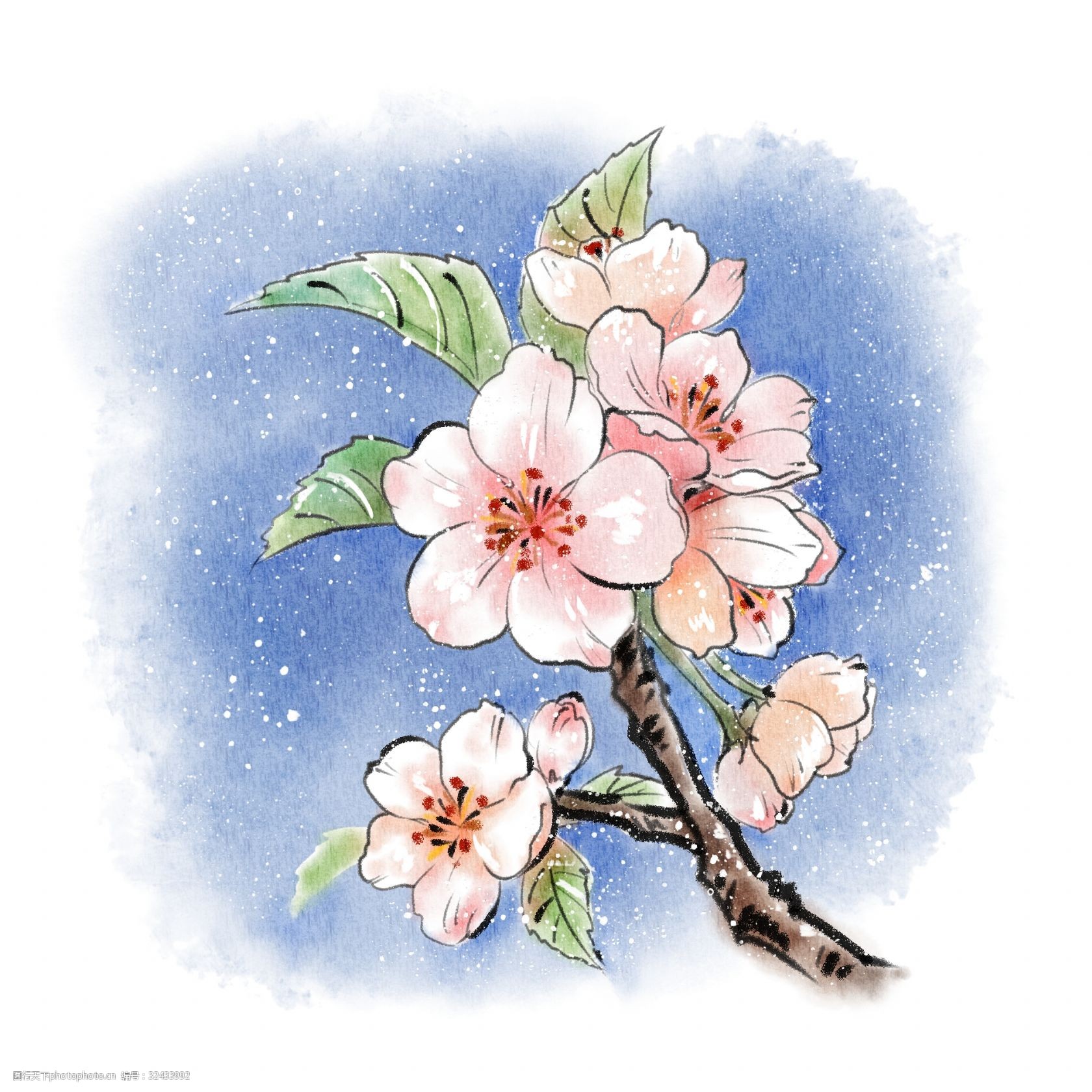 水彩樱花植物花朵小清新春天手绘风桃花水墨