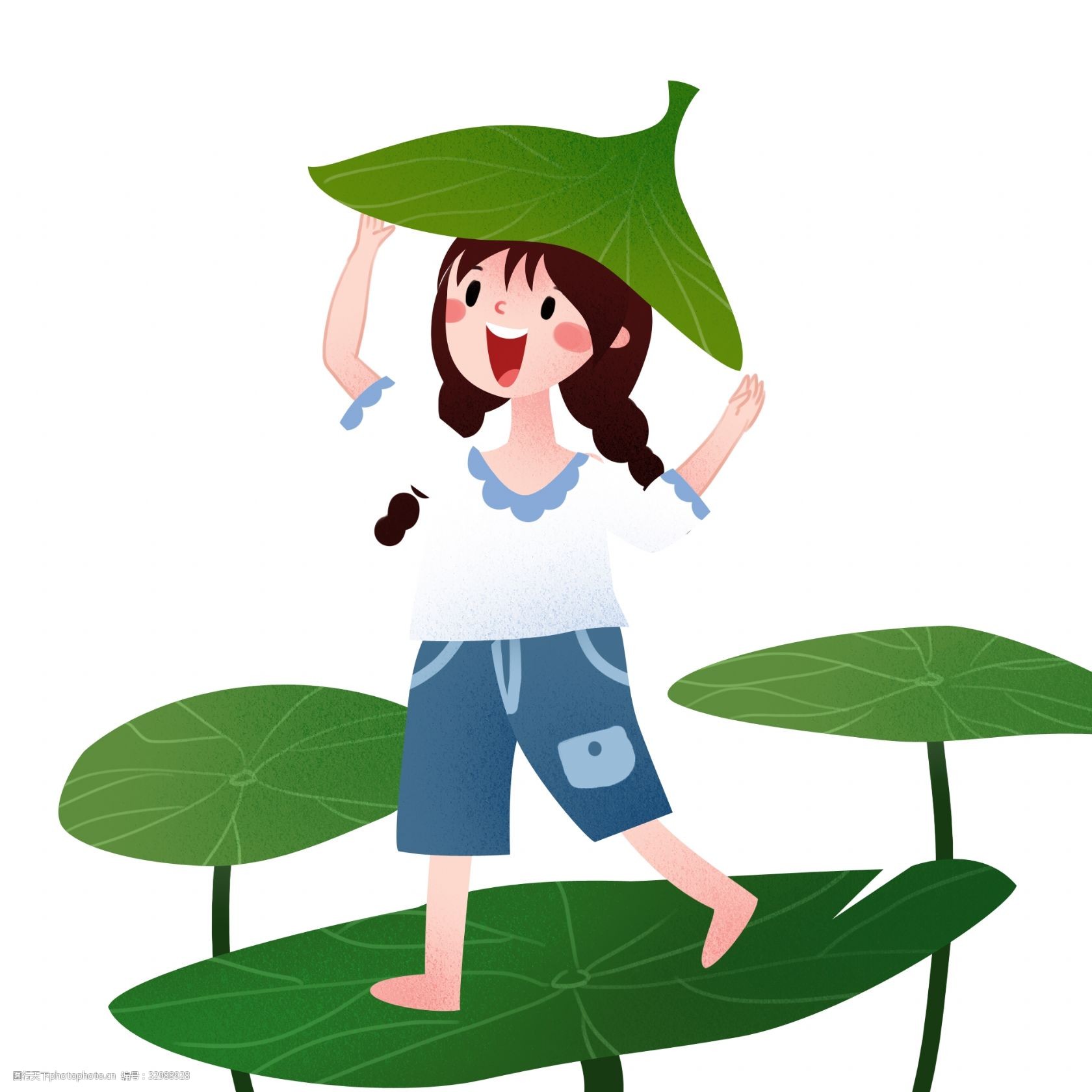 拿着叶子挡雨的女孩 立夏人物插画 叶子挡雨 漂亮的小女孩 绿色的荷叶