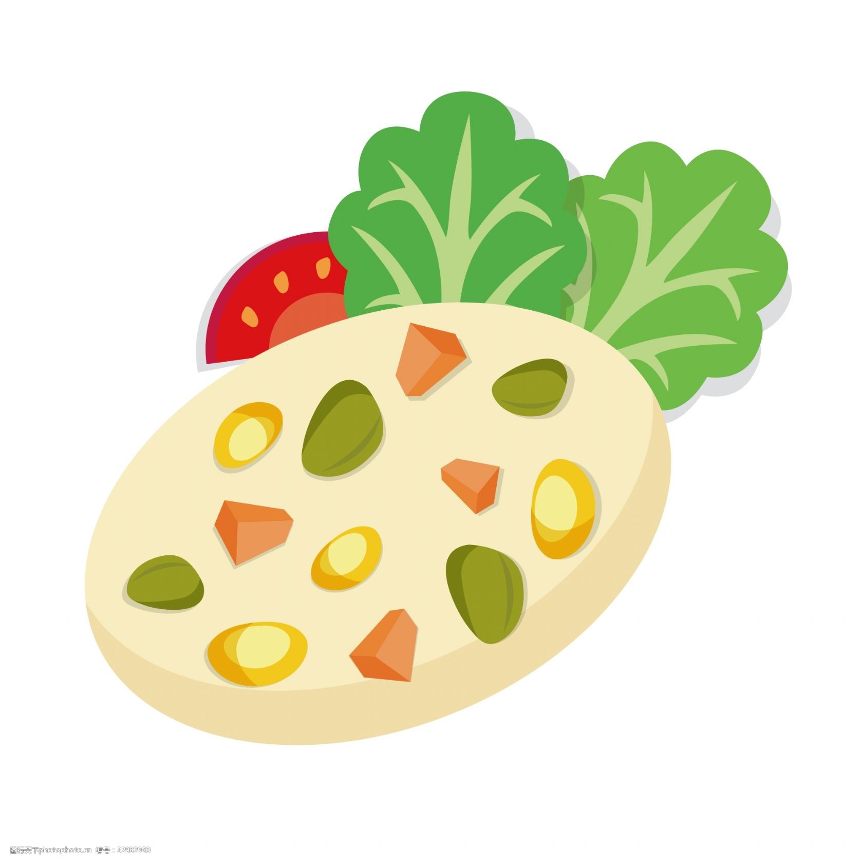 关键词:美味的小吃水果饼插画 绿色的蔬菜 水果的烙饼 卡通插画 小吃