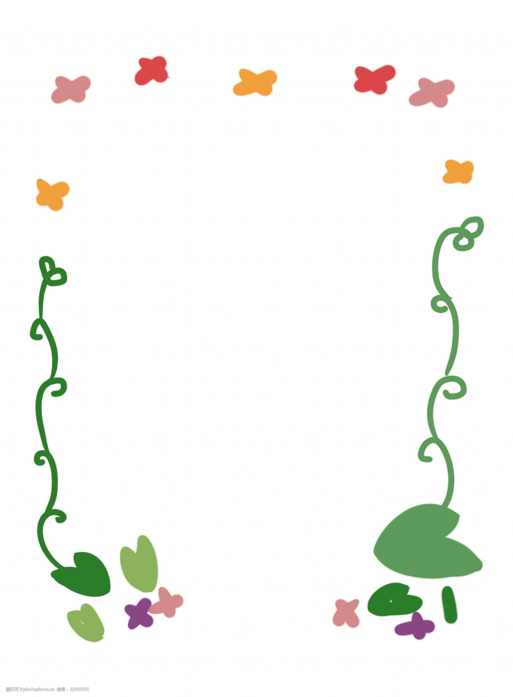 绿色植物花纹 绿叶红花装饰 卡通 花纹装饰插画 绿色花纹边框