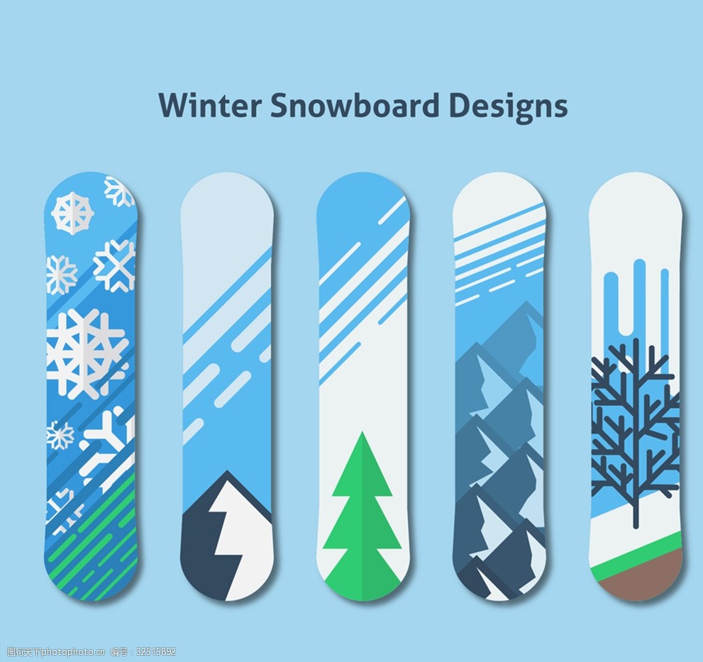 5款彩色冬季图案单板滑雪板