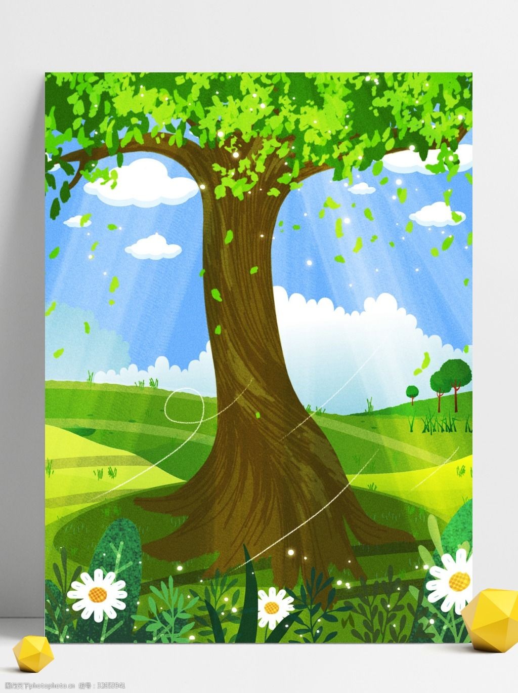 夏季清新草地大树背景设计