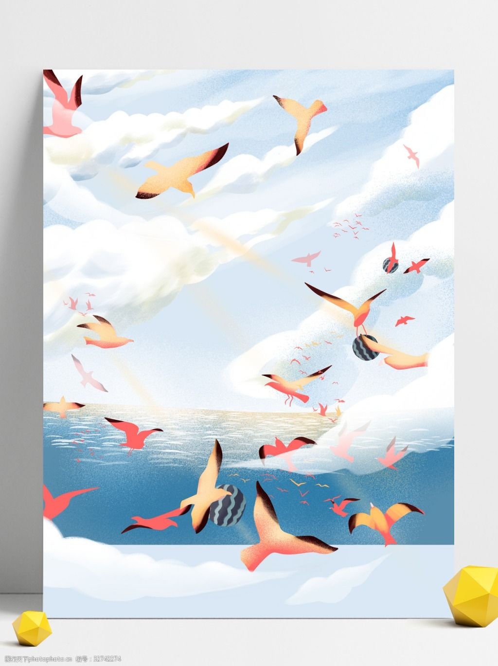 彩绘夏季海鸥大海背景设计