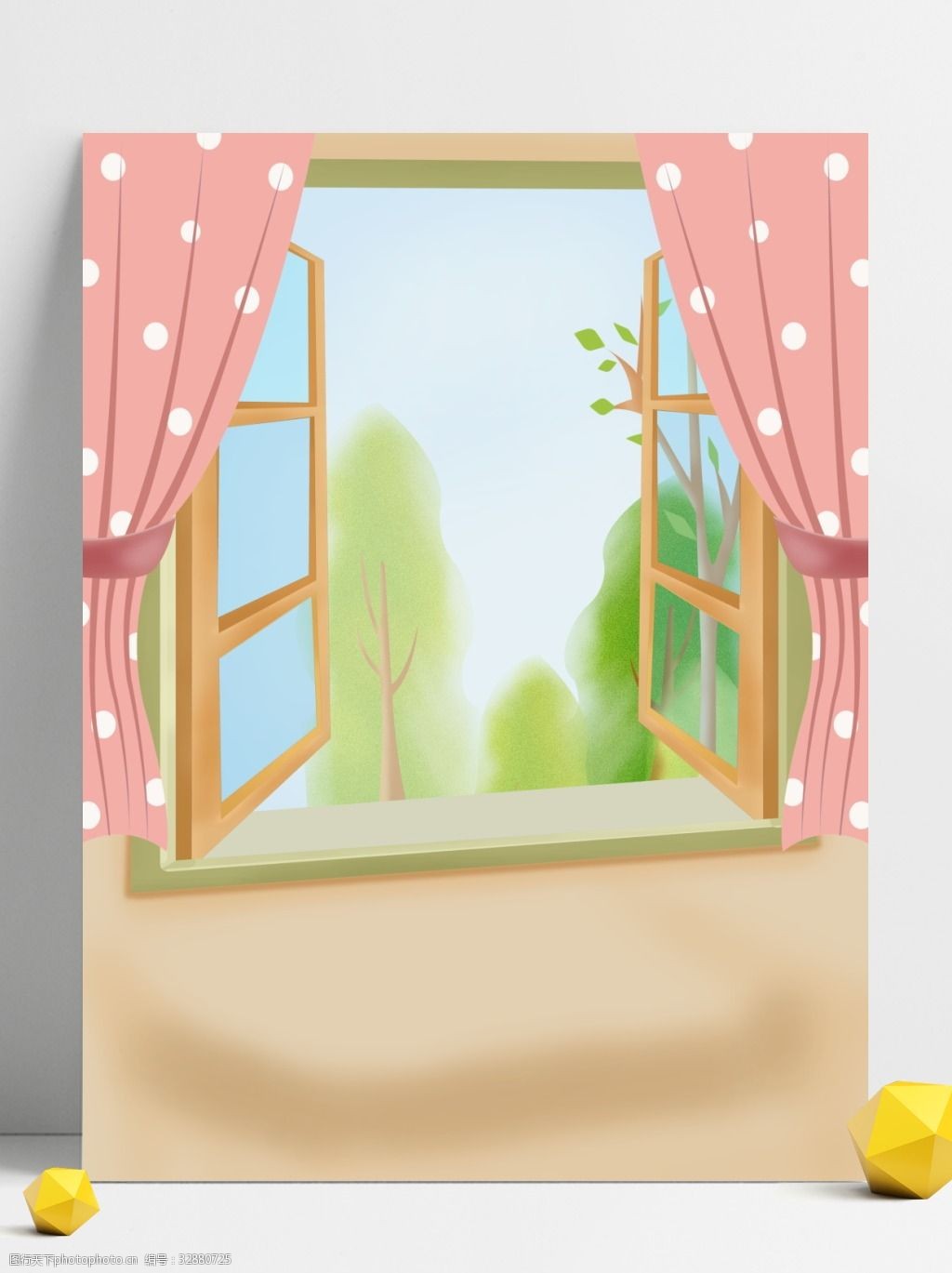 通用背景 居家生活插画 手绘背景 生活插画背景 窗户 窗帘 粉色