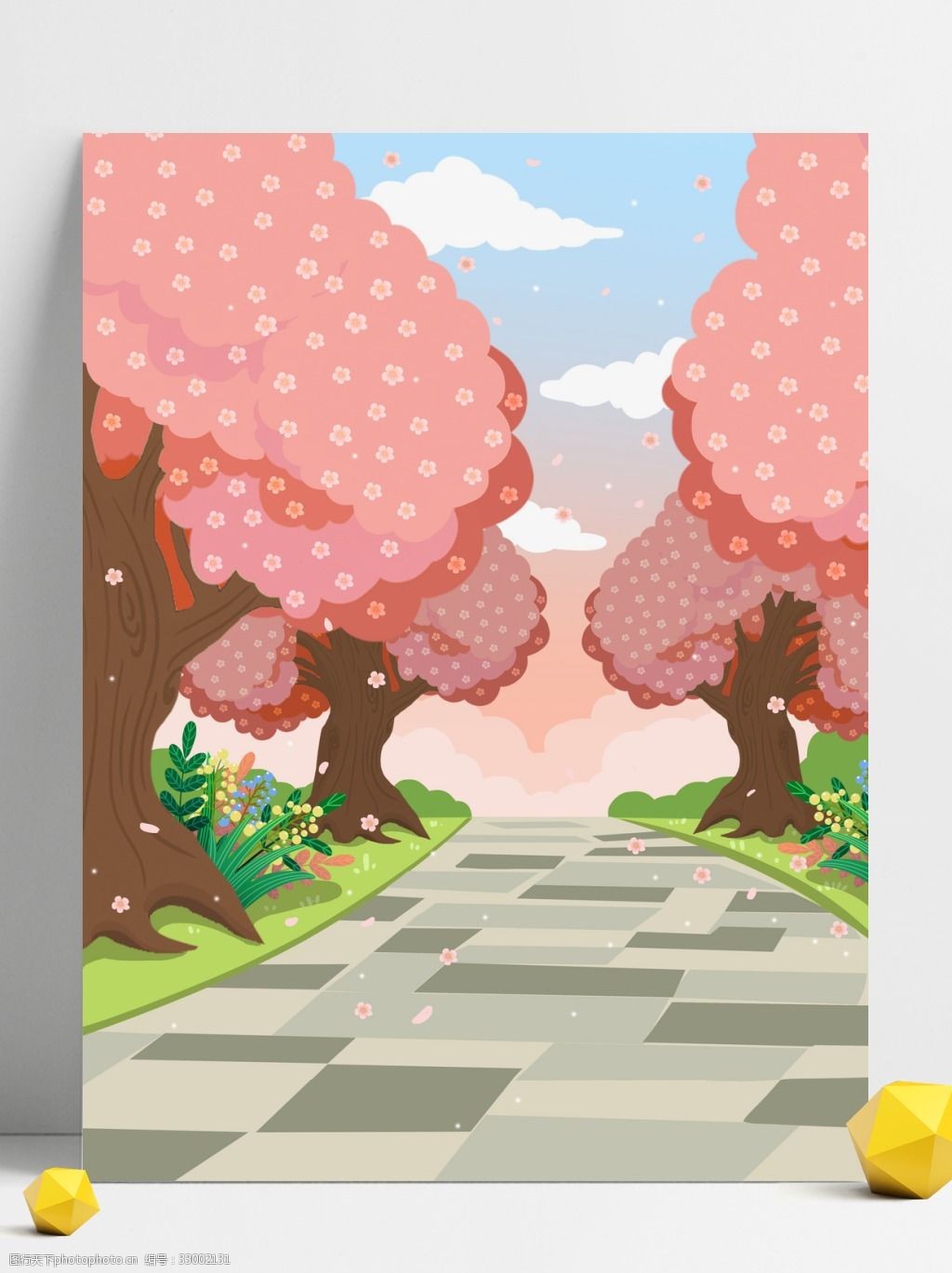 关键词:春天清新道路树木背景 道路 樱花 卡通 彩色 创意 装饰 背景