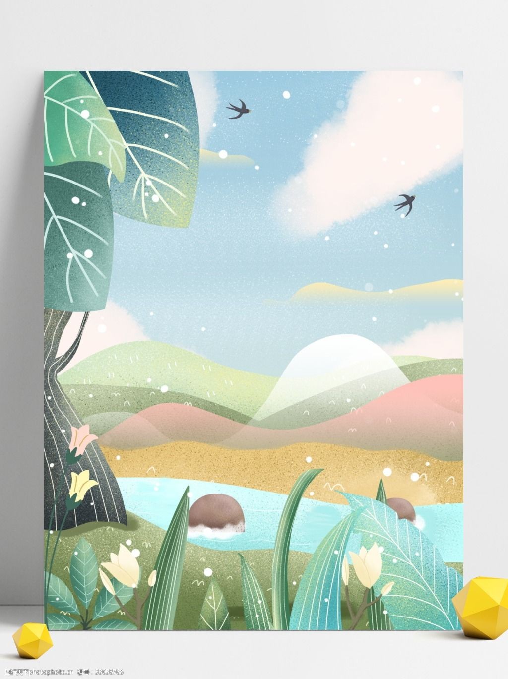 关键词:唯美清新山水风景手绘背景 插画背景 植物背景 唯美 草地背景