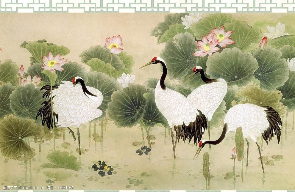 荷花仙鹤背景墙