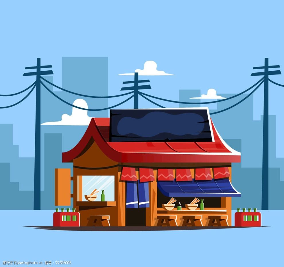 卡通街边拉面馆设计矢量图